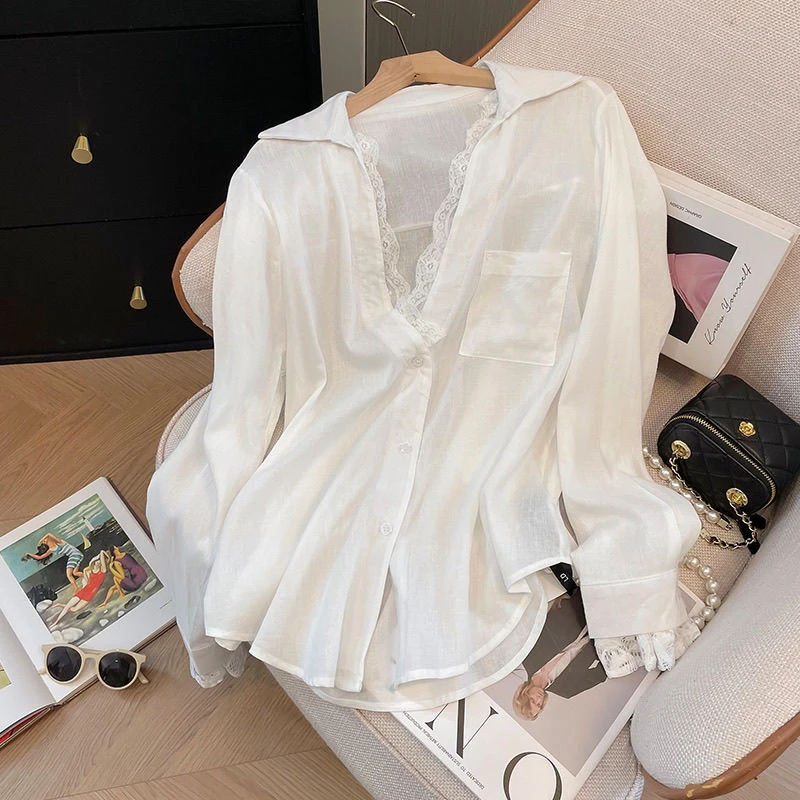 2025简约风高级感白色假两件蕾丝拼接西装长袖宽松衬衫上衣女秋季