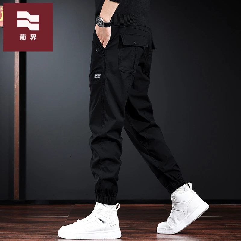 高端松紧腰休闲裤男2025秋冬季加绒百搭潮流帅气束脚工装裤子男裤