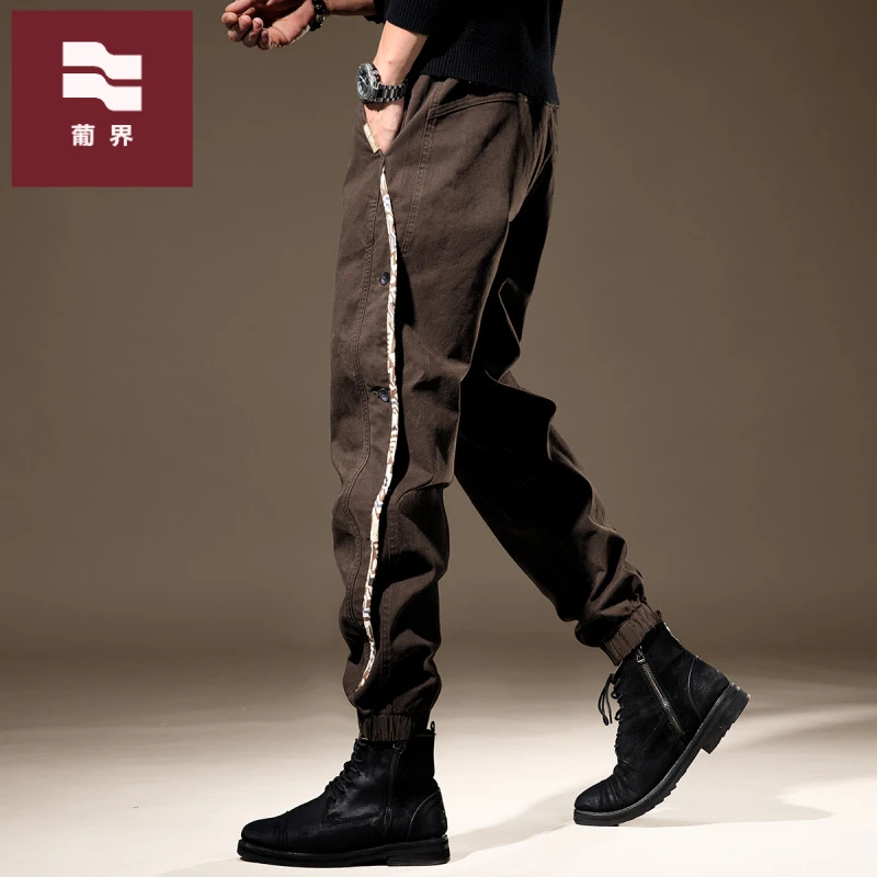 高端美式复古重磅棕色工装裤男士秋季新款宽松束脚直筒休闲裤子男