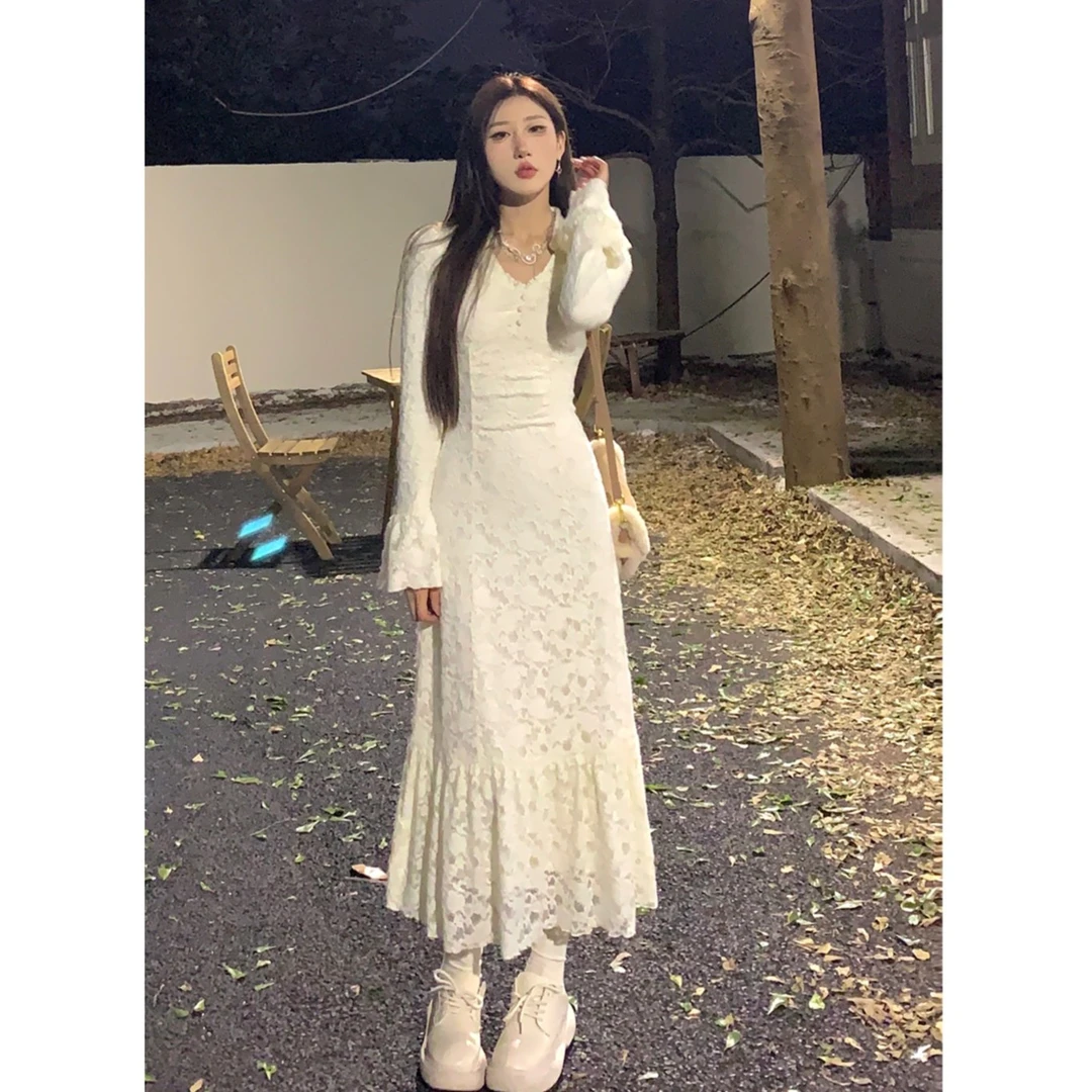 DREAM SEVEN77 长袖磨毛翻领收腰连衣裙新款显瘦蕾丝裙QL64403