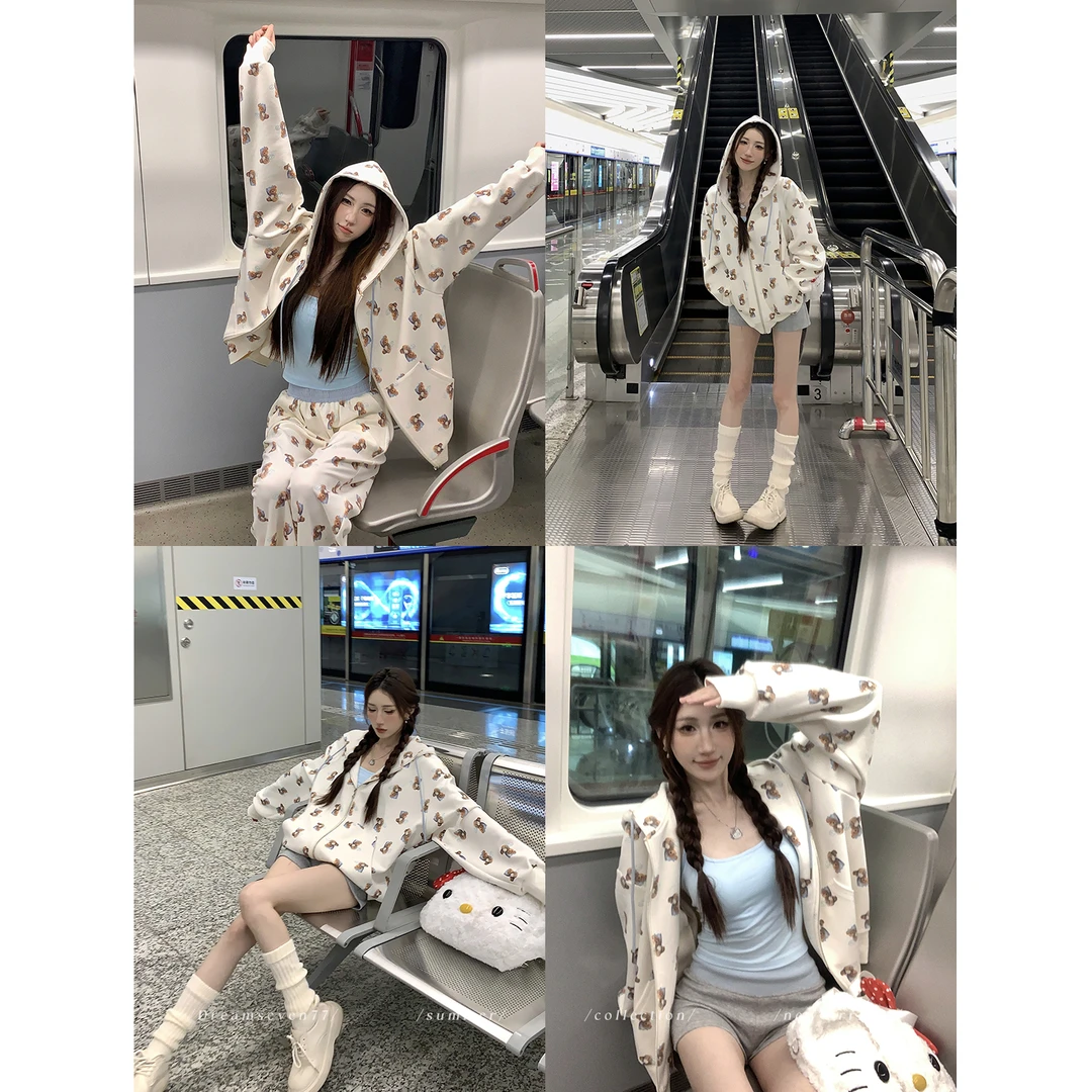 DREAM SEVEN77 显瘦小熊印花卫衣开衫外套秋季套装裤子装QD85976