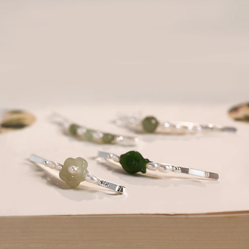 足银银制品 玉质银发夹女侧边可爱刘海夹后脑勺发卡简约头饰发饰