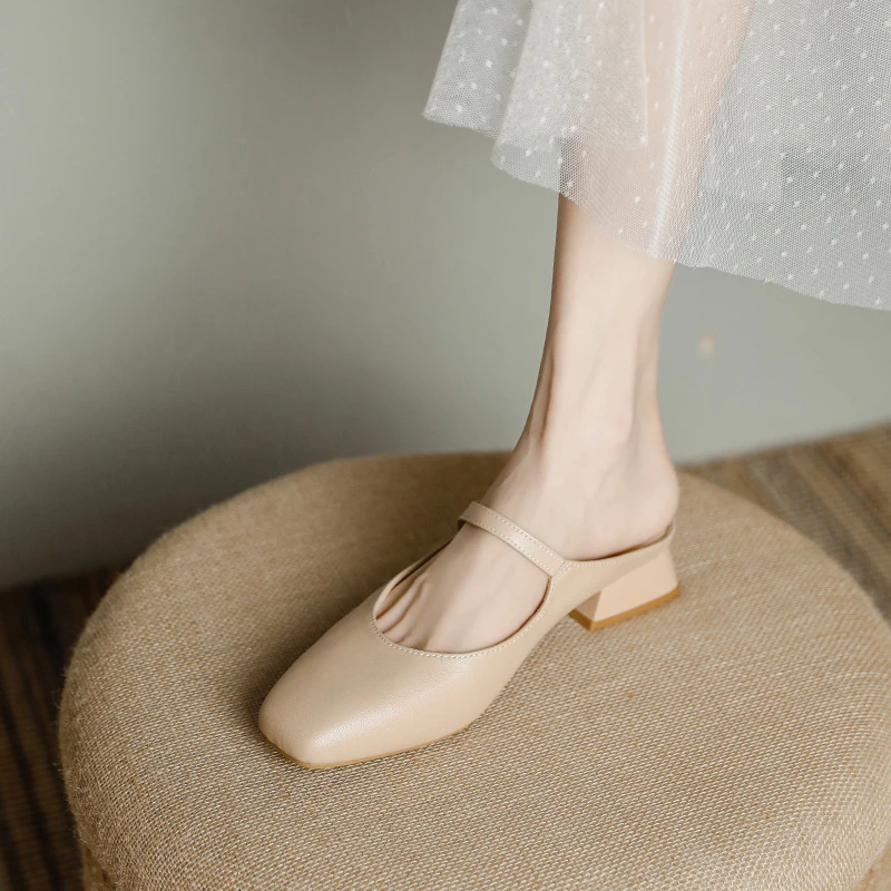 法式真皮包头中跟半拖鞋女春夏配裙时尚粗跟方头凉拖鞋外穿女夏季