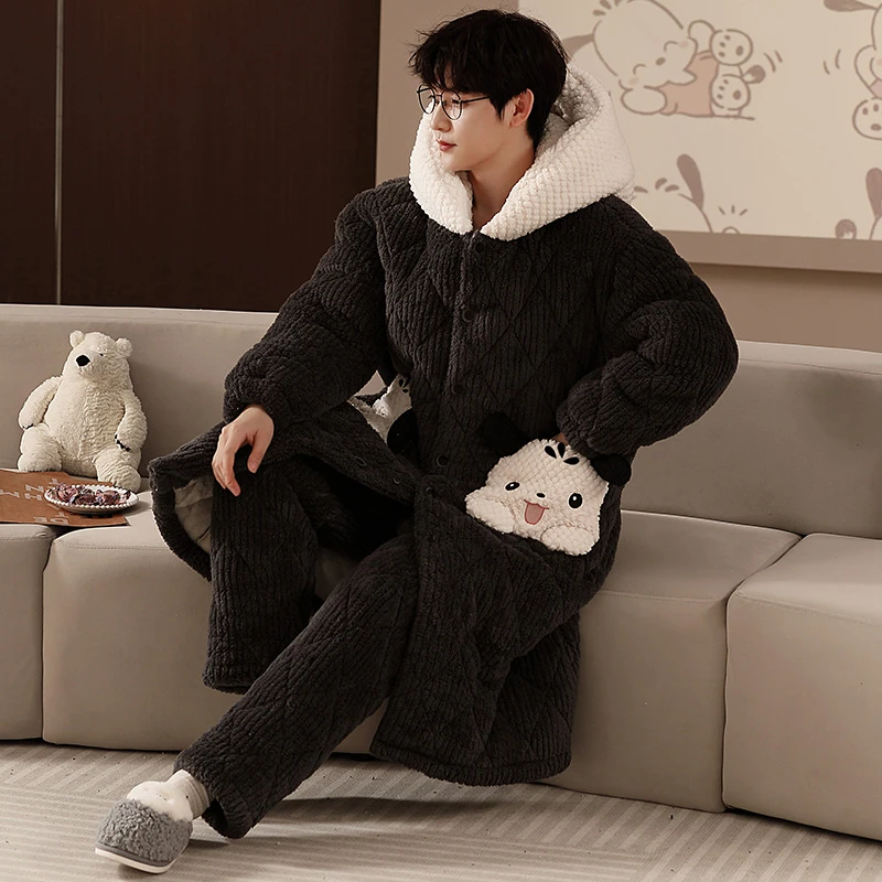 冬季细毛绒保暖睡衣男款三层夹棉加绒加厚睡袍家居服可外穿1284