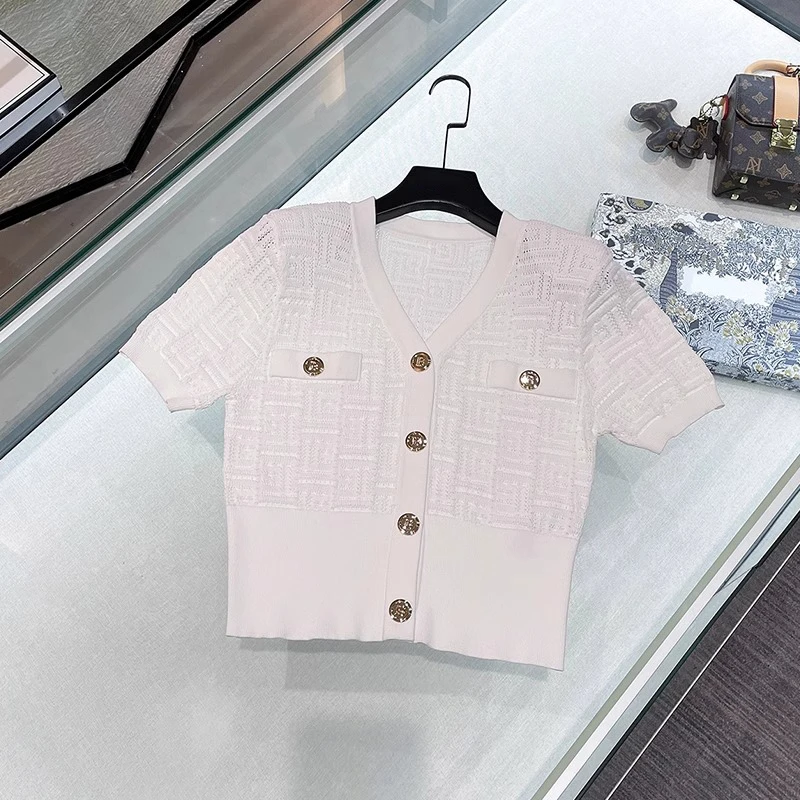 T682小香风高级感夏季镂空针织开衫女新款时尚洋气短款v领上衣