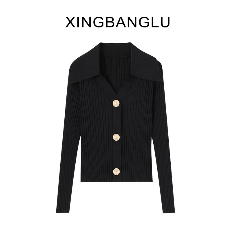 T968法式高级感毛衣针织开衫女黑色修身显瘦慵懒风打底上衣春季