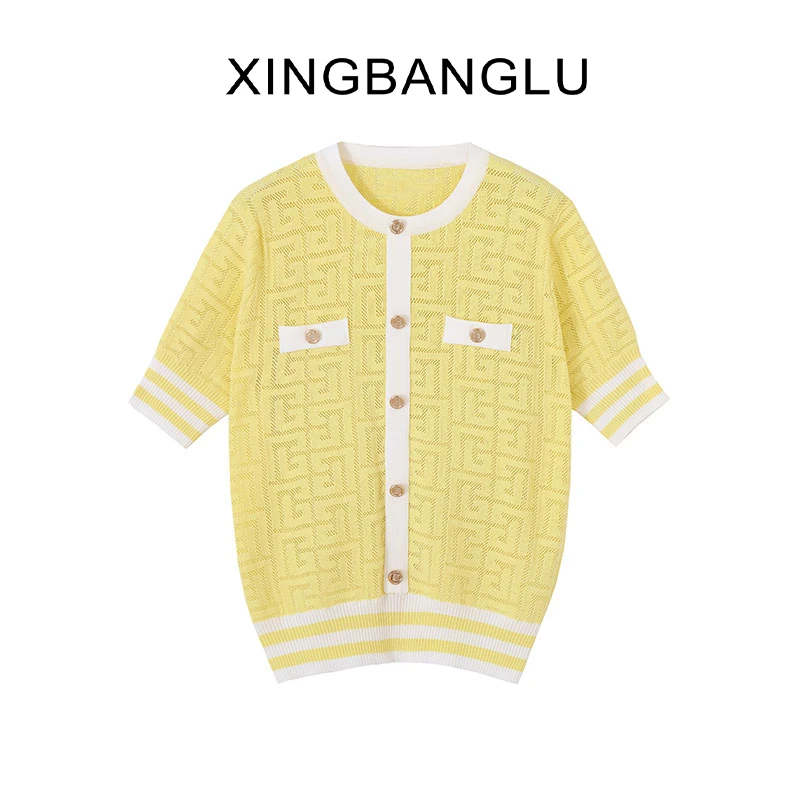 K707小香风冰丝针织衫女短袖镂空上衣夏开衫夏季圆领休闲百搭薄款