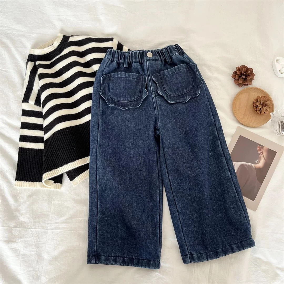 女童韩系加绒加厚牛仔裤2024秋冬季新款儿童水洗时髦软牛仔裤