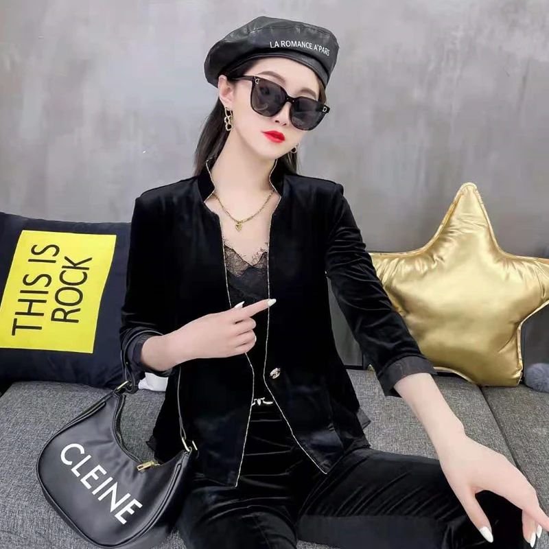 高端丝绒外套女春夏时尚女装洋气立领上衣显瘦气质网红短款休闲