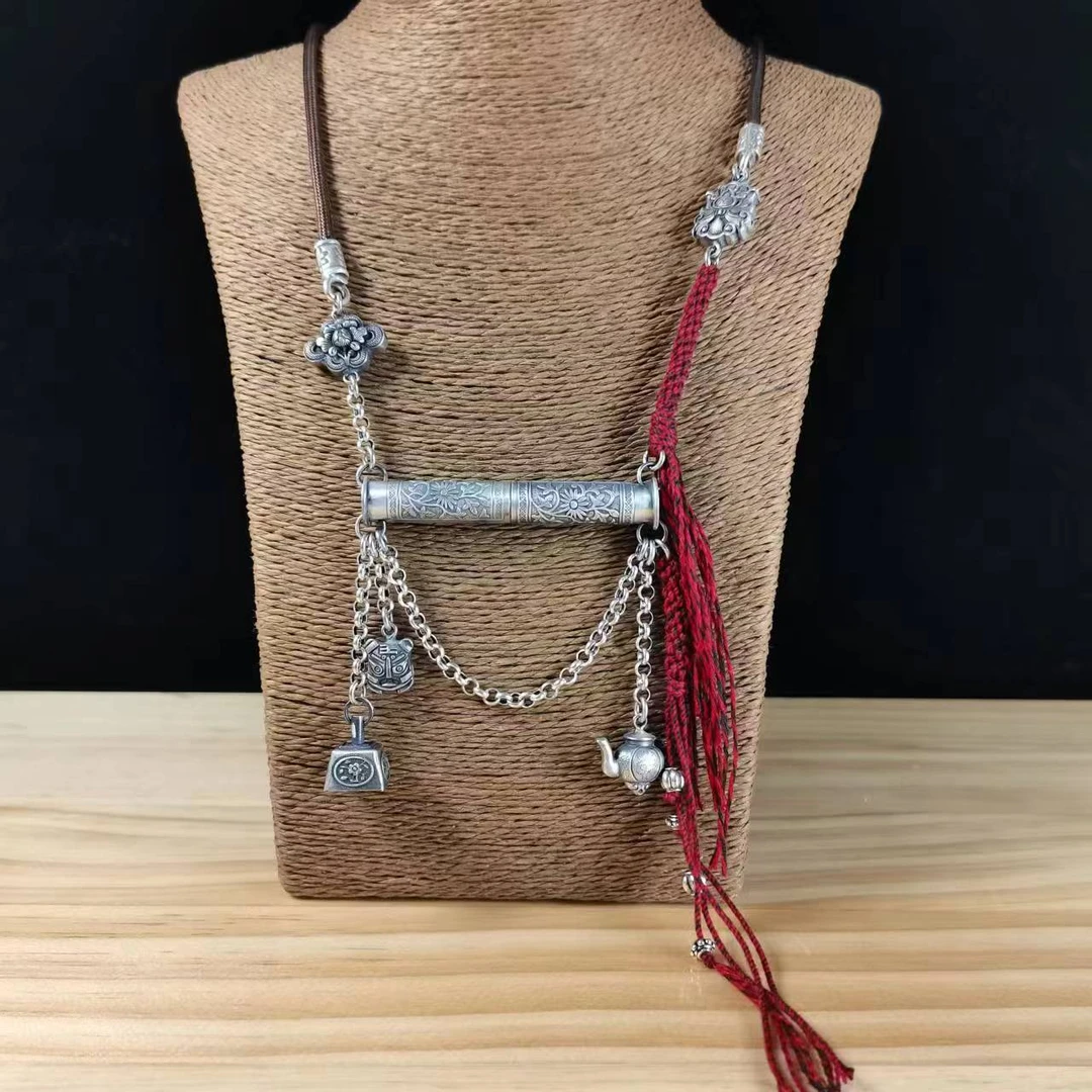 吊坠足银 足银花开富贵针筒项链手工女复古做旧民族风气质个性