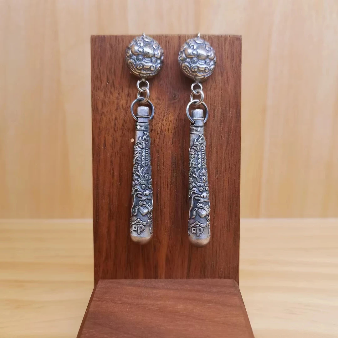 银之酷 足银耳饰 龙磨牙棒银制品手工簪刻复古国潮个性大气银饰