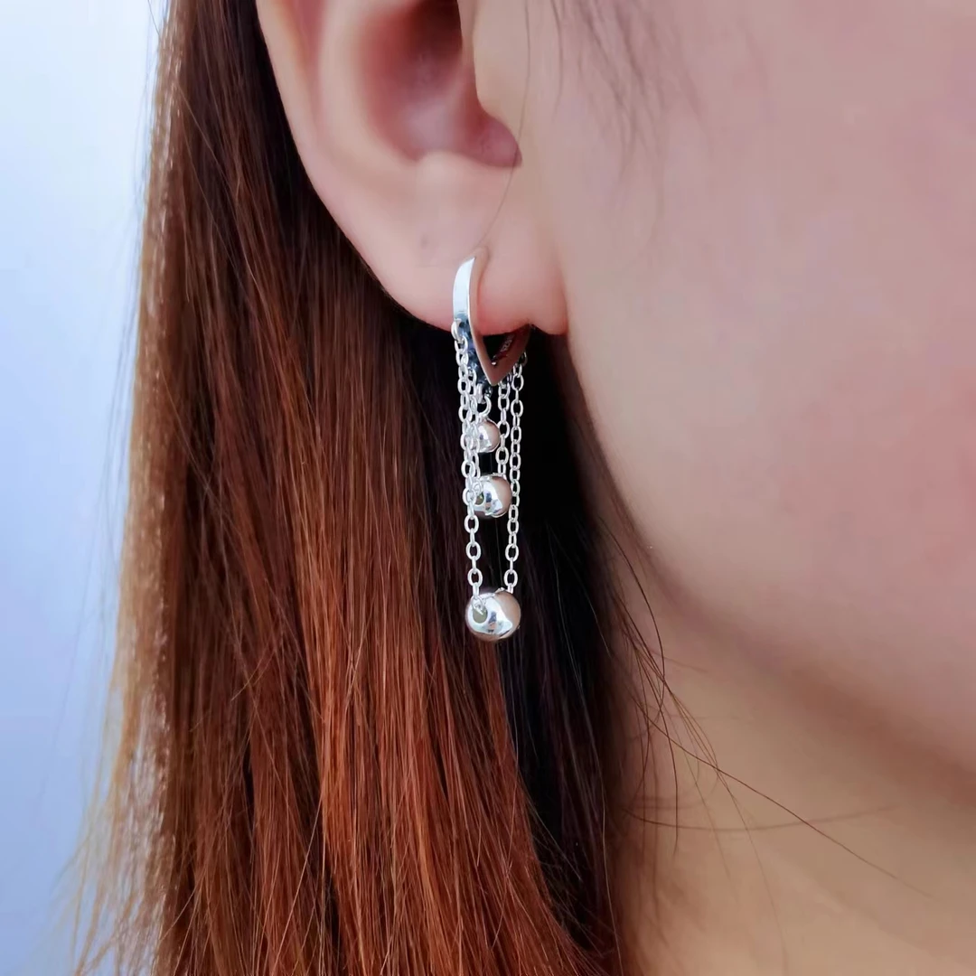 银之酷 925银耳饰 925银光珠流苏耳扣女时尚气质轻奢素款百搭银饰