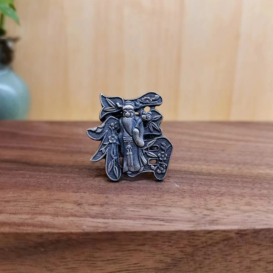 银之酷 足银戒指 足银福寿双全戒指重工复古做旧民族风小众饰品