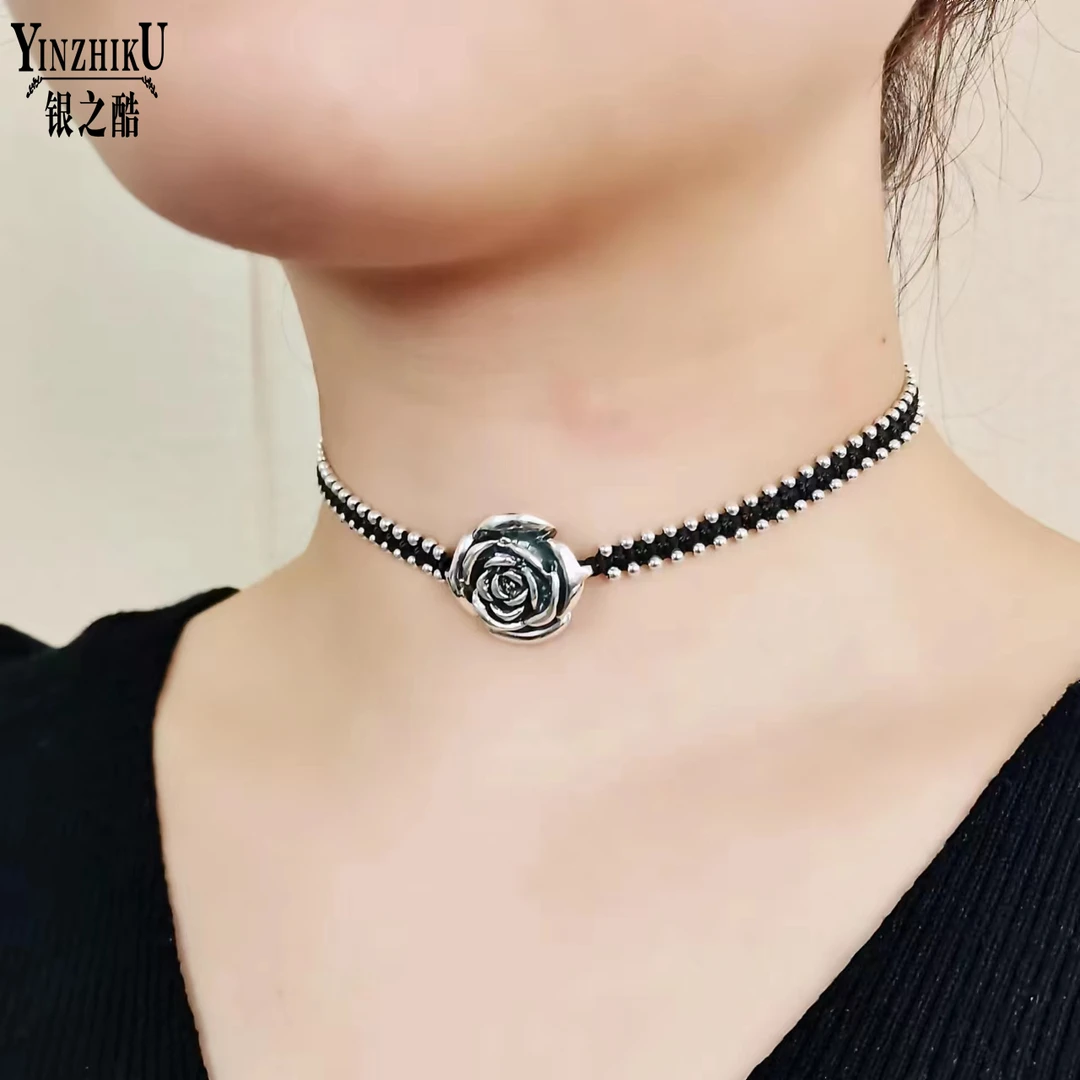 吊坠925银 925银玫瑰花颈链手工编织黑绳短款女时尚简约小众