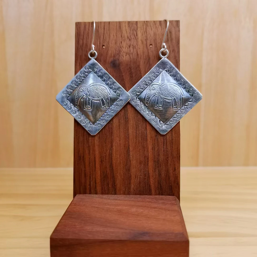 银之酷 925银耳饰 925银大象耳环方形女复古个性民族风