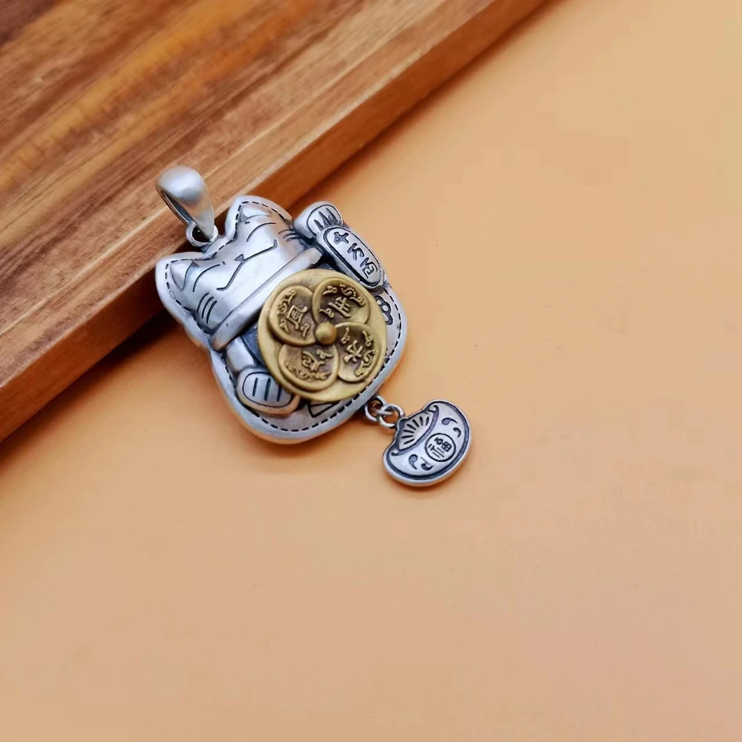 吊坠足银 足银风生水起福运猫可转动元宝吊坠复古女民族风银饰