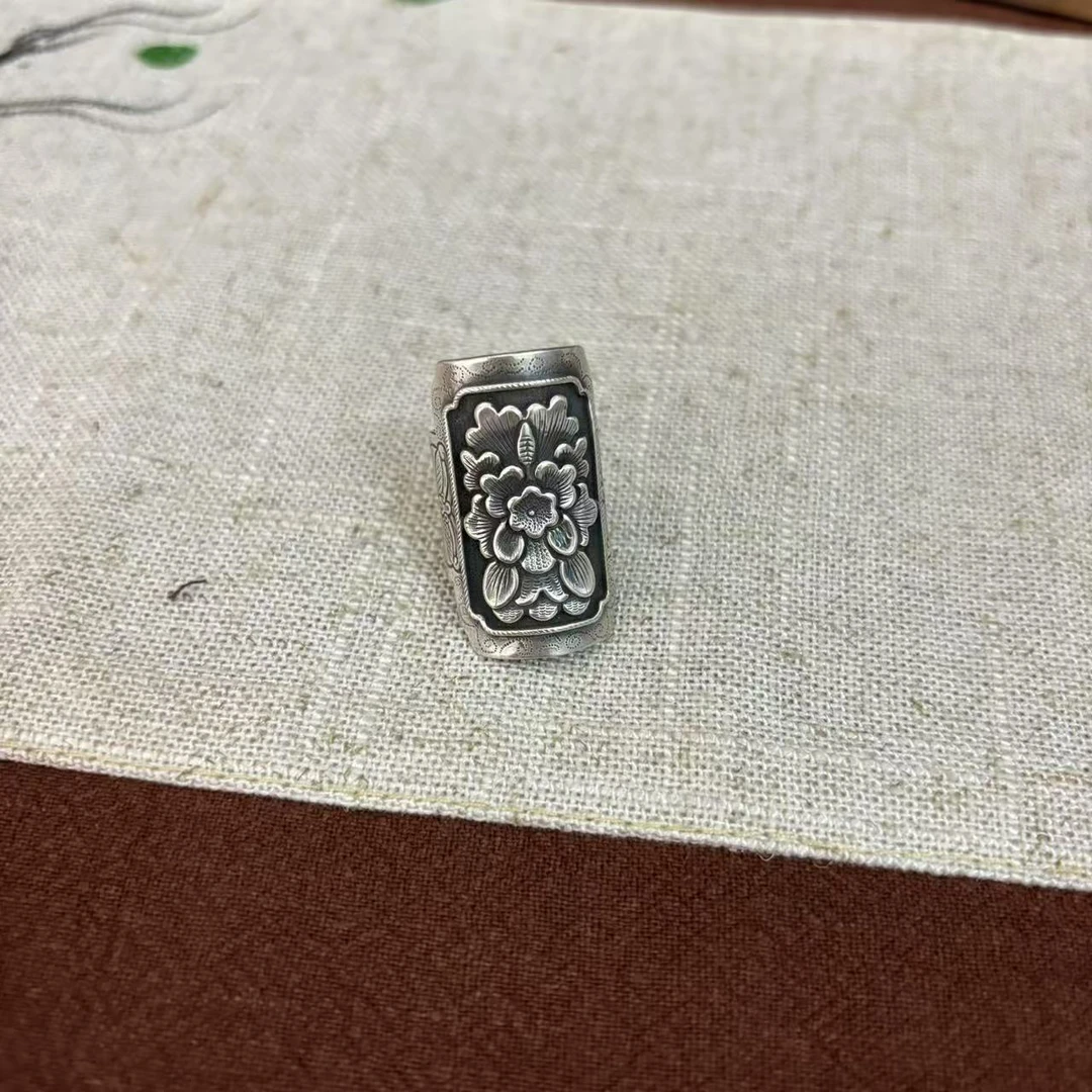 银之酷 足银戒指 足银牡丹花錾刻戒指复古女民族风