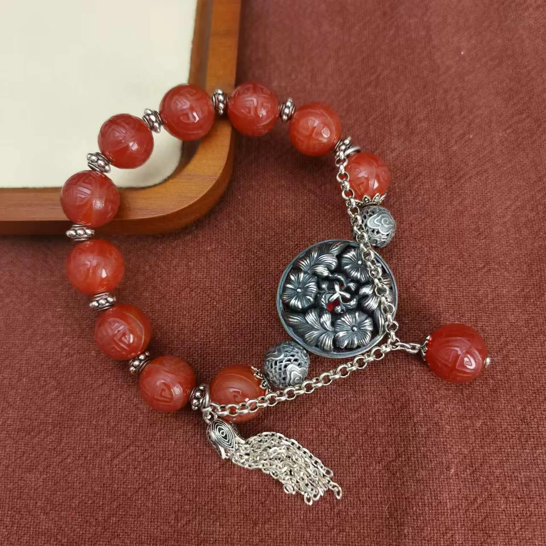 925银手链 925银花开富贵流苏手链女红色复古个性民族风