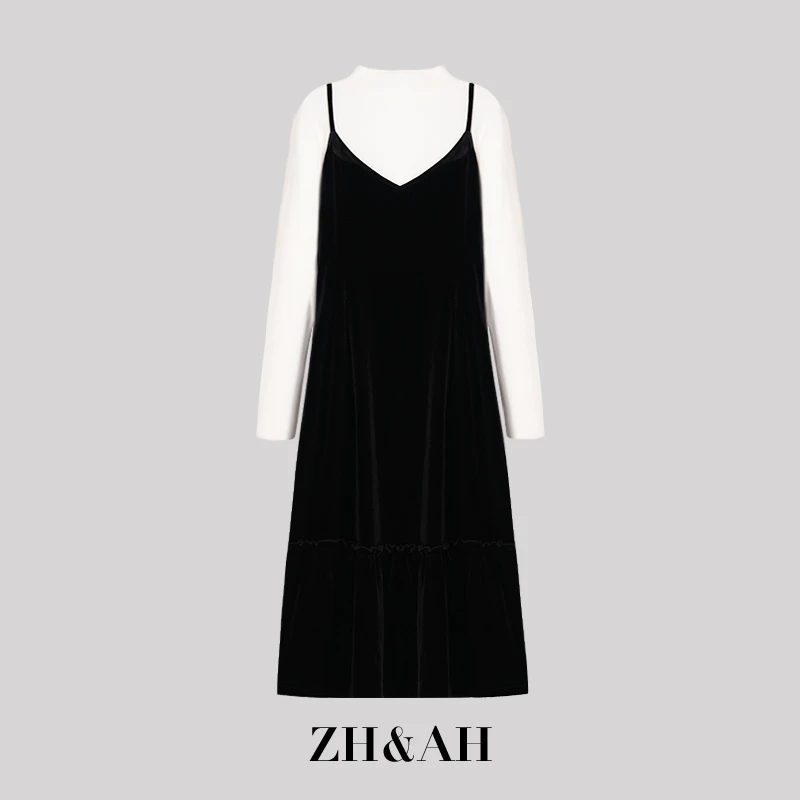 ZH&AH孕期穿搭秋冬新款时尚百搭基础打底衫+韩系丝绒吊带裙套装