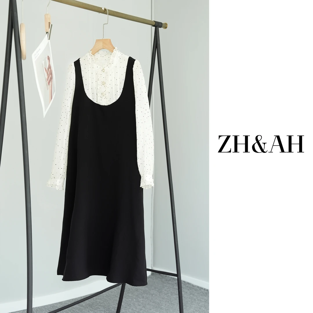 ZH&AH【宫廷小香】秋季新款时尚气质孕期减龄宫廷风波点小香连衣裙