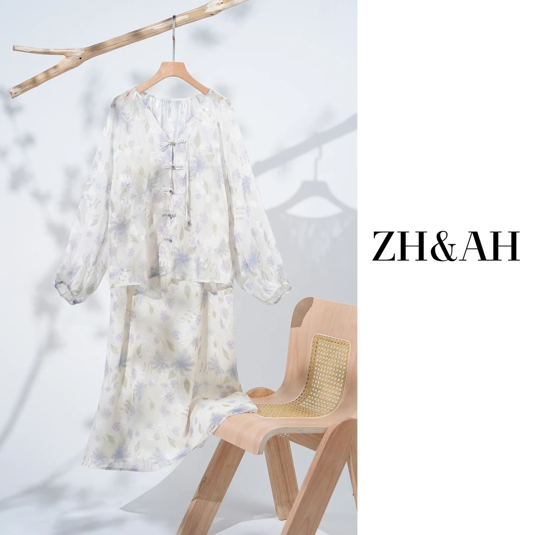 ZH&AH【花隐花现】早秋新款时尚气质百搭孕期新中式乔其纱套装裙