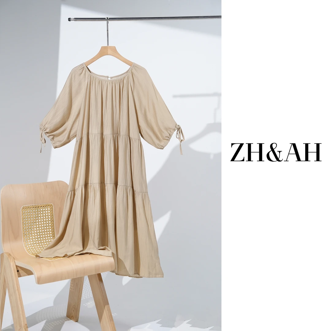 ZH&AH孕期穿搭时尚气质百搭人棉五分袖显瘦宽松褶皱奶茶连衣裙