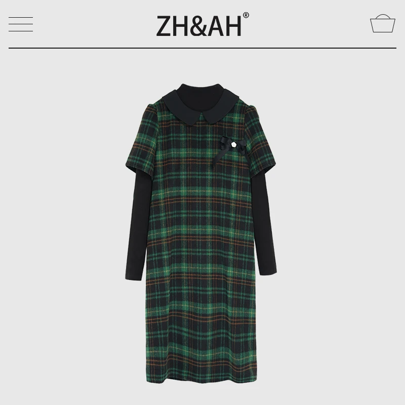 ZH&AH孕期穿搭新年系列百搭绵羊毛混纺英伦风复古墨绿格纹裙套装