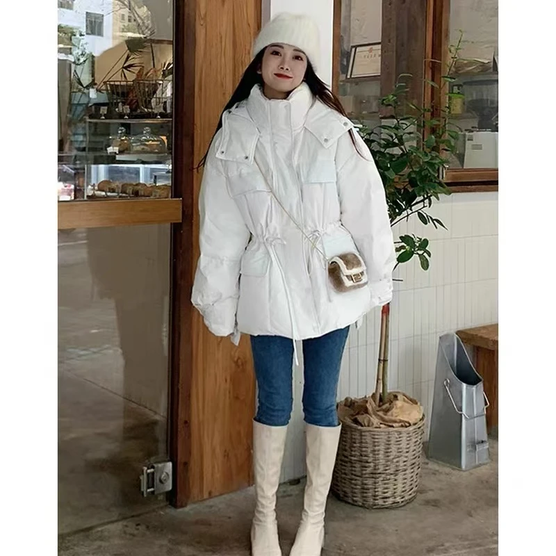 克莱因蓝立领连帽收腰短款羽绒服女冬季2023年新款韩版宽松派克服