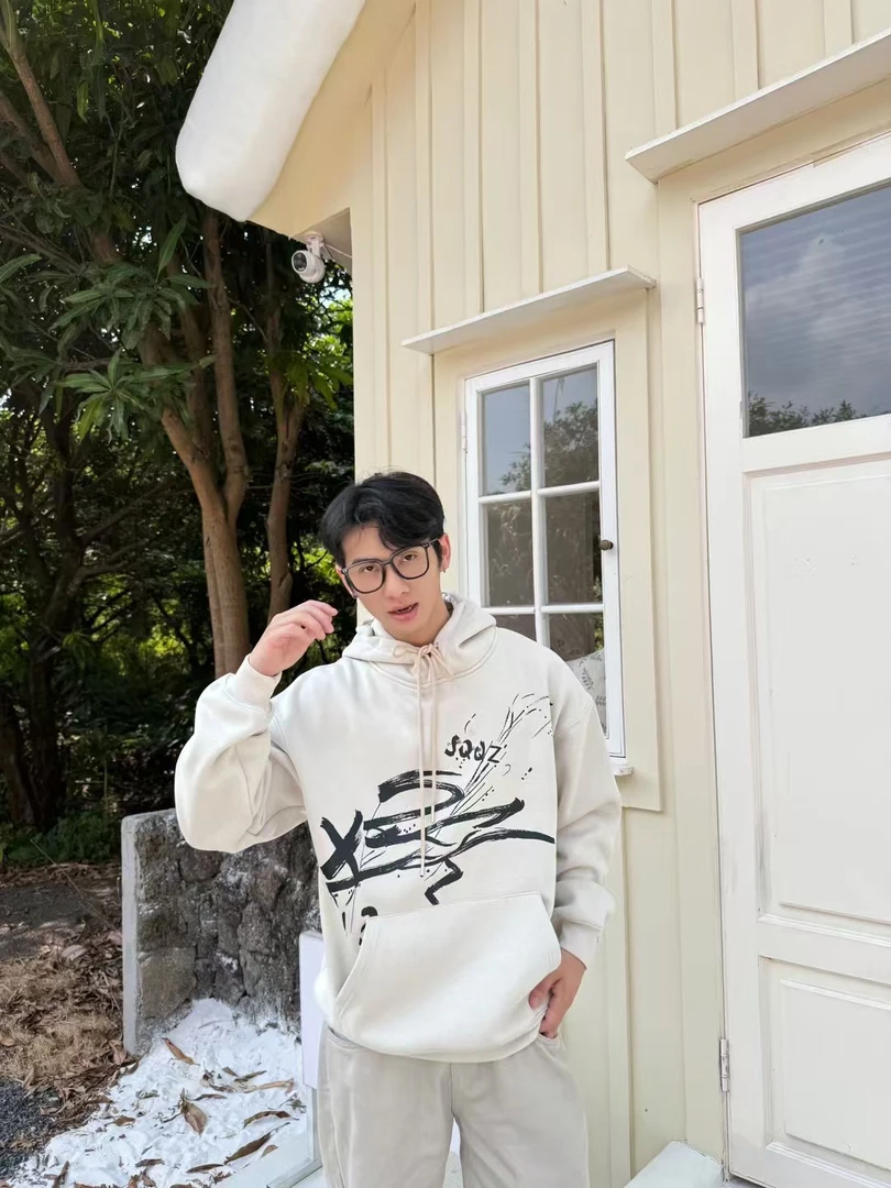 创意毛笔印花加绒加厚宽松抽绳卫衣秋冬季男女款