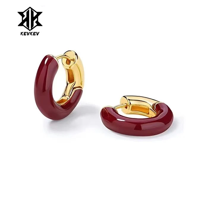 925银耳饰 陈都灵同款圆环珐琅酒红色耳环新款爆款秋冬圣诞耳饰女