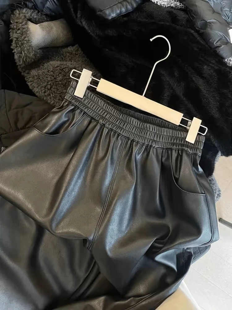 黑色宽松皮裤女秋冬新款高腰显瘦九分阔腿休闲裤