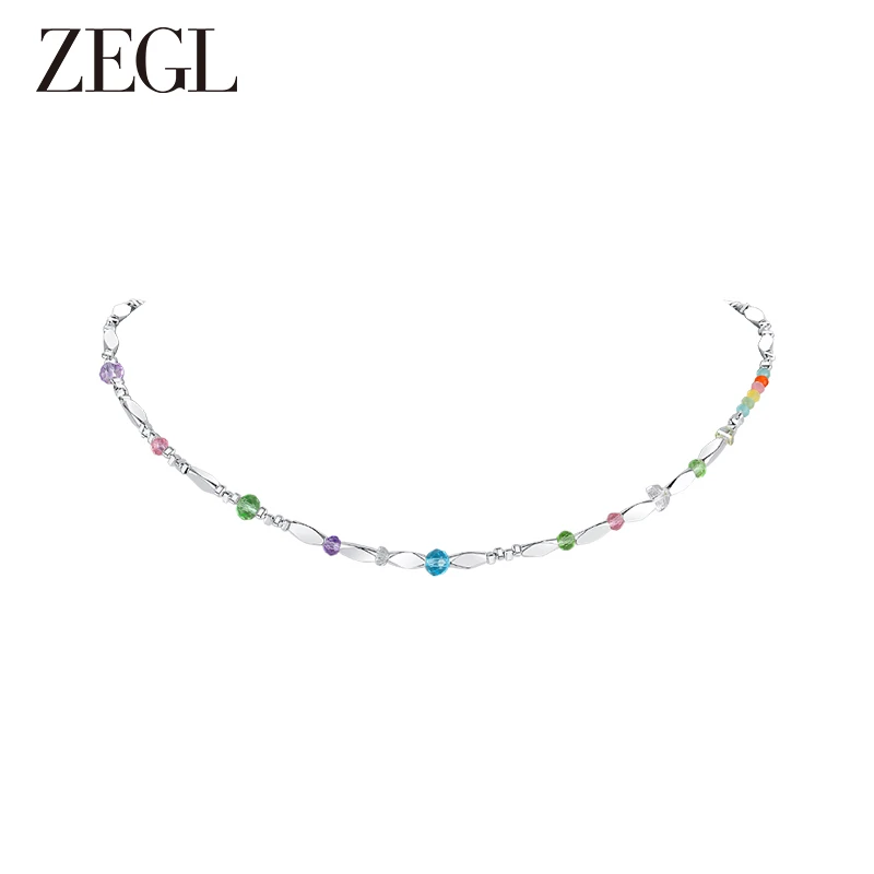 ZEGL 铜合金项链 设计师冰透小彩串碎银子项链多巴胺穿搭锁骨链