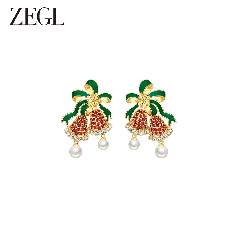 ZEGL 铜合金合成锆石耳饰 设计师款铃铛耳环气质时尚饰品轻奢可爱