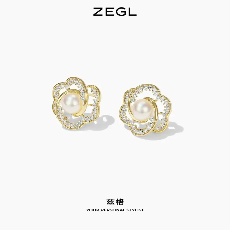 ZEGL 合金仿珍珠耳饰 山茶花耳环小众气质名媛复古时尚银针耳饰