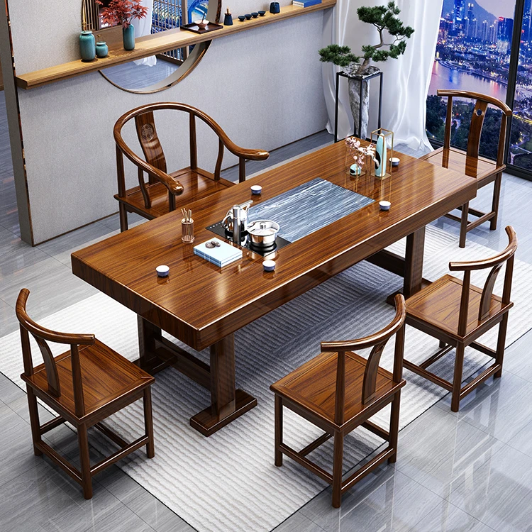 禅意两用自动喝茶桌泡茶桌工字脚简约新中式茶桌大板客厅办公室