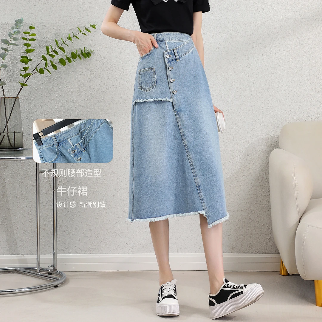 复古百搭半身裙24季新款时尚高腰不规则牛仔裙A字裙女8B121033