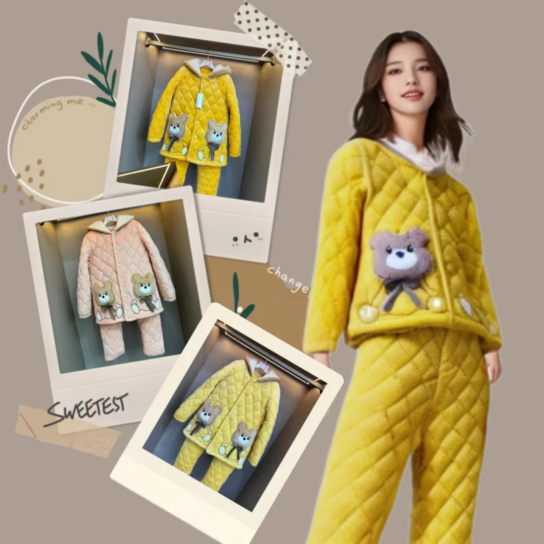 【8515冬季特厚新款睡衣】女士冬季加厚夹棉睡衣可外穿菠萝格套装