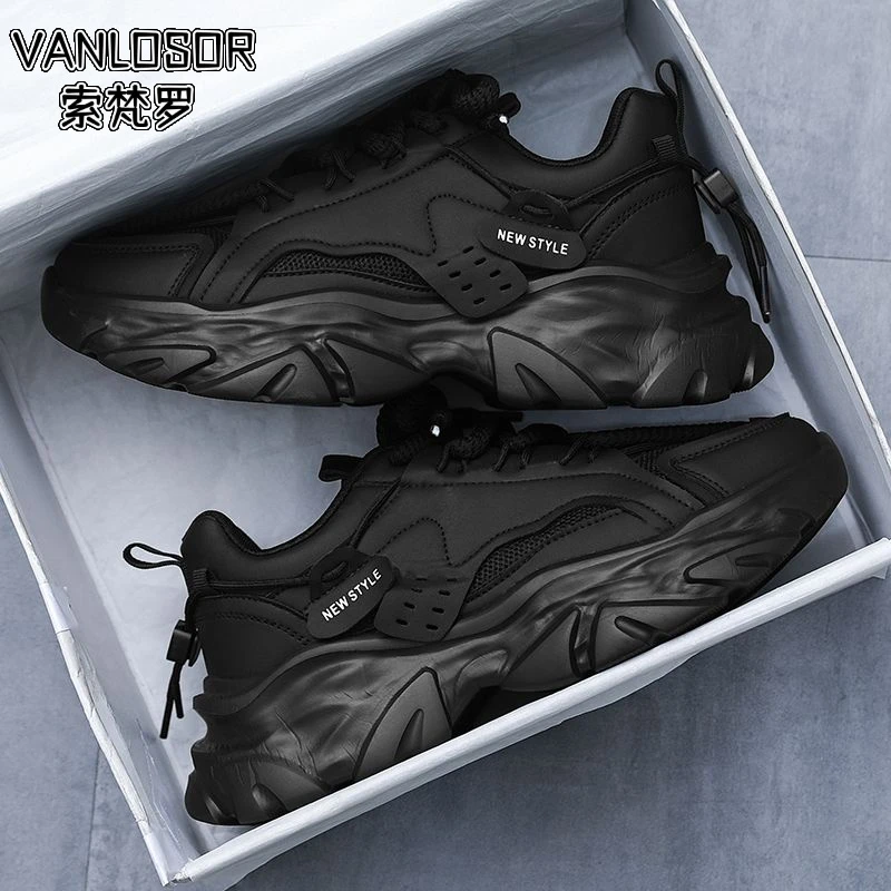 品质男鞋冬季透气2025新款休闲黑色运动鞋网面厚底增高老爹工作劳
