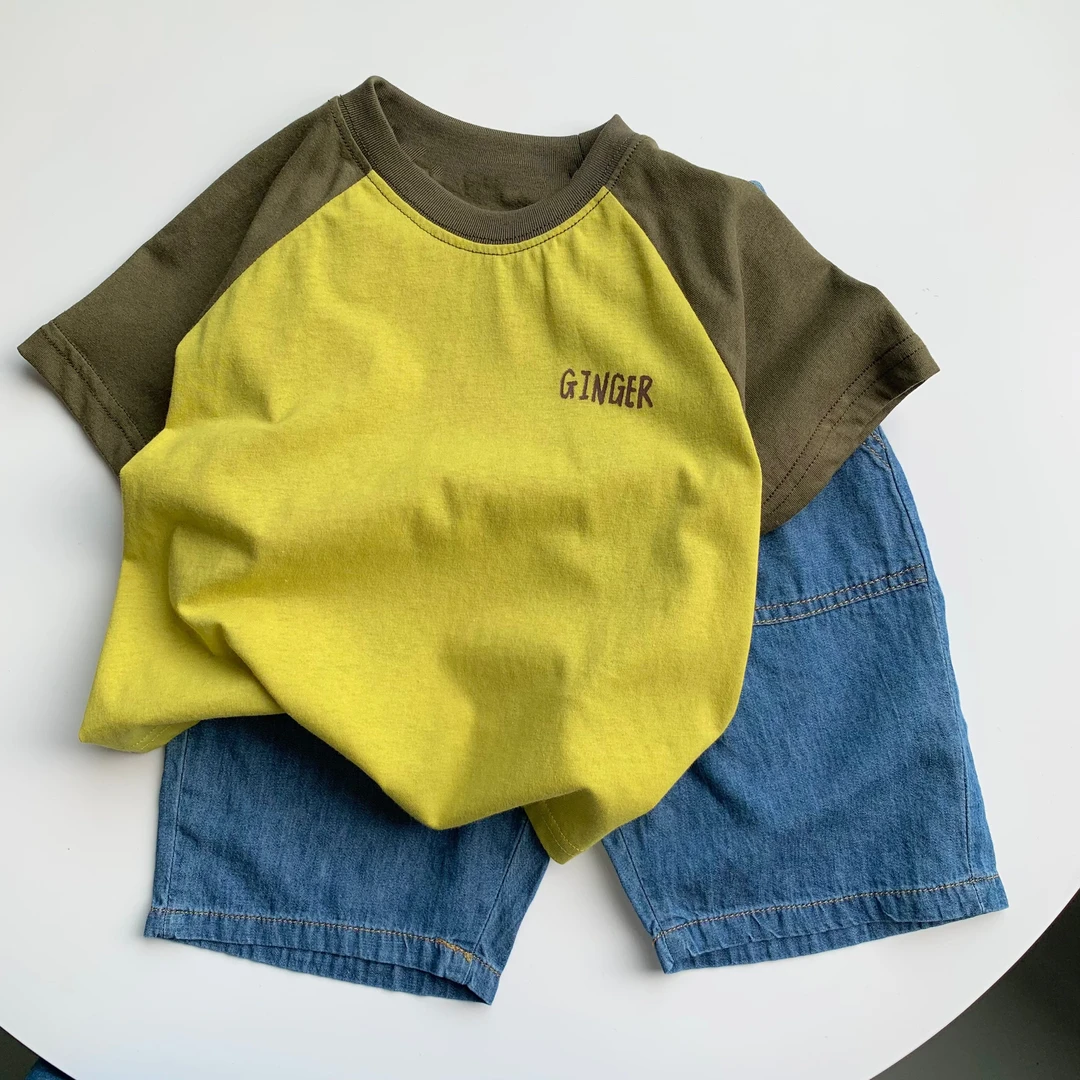 【棉烊80-140码索罗纳拼色T恤】夏季新款儿童男童宽松休闲插肩袖T恤