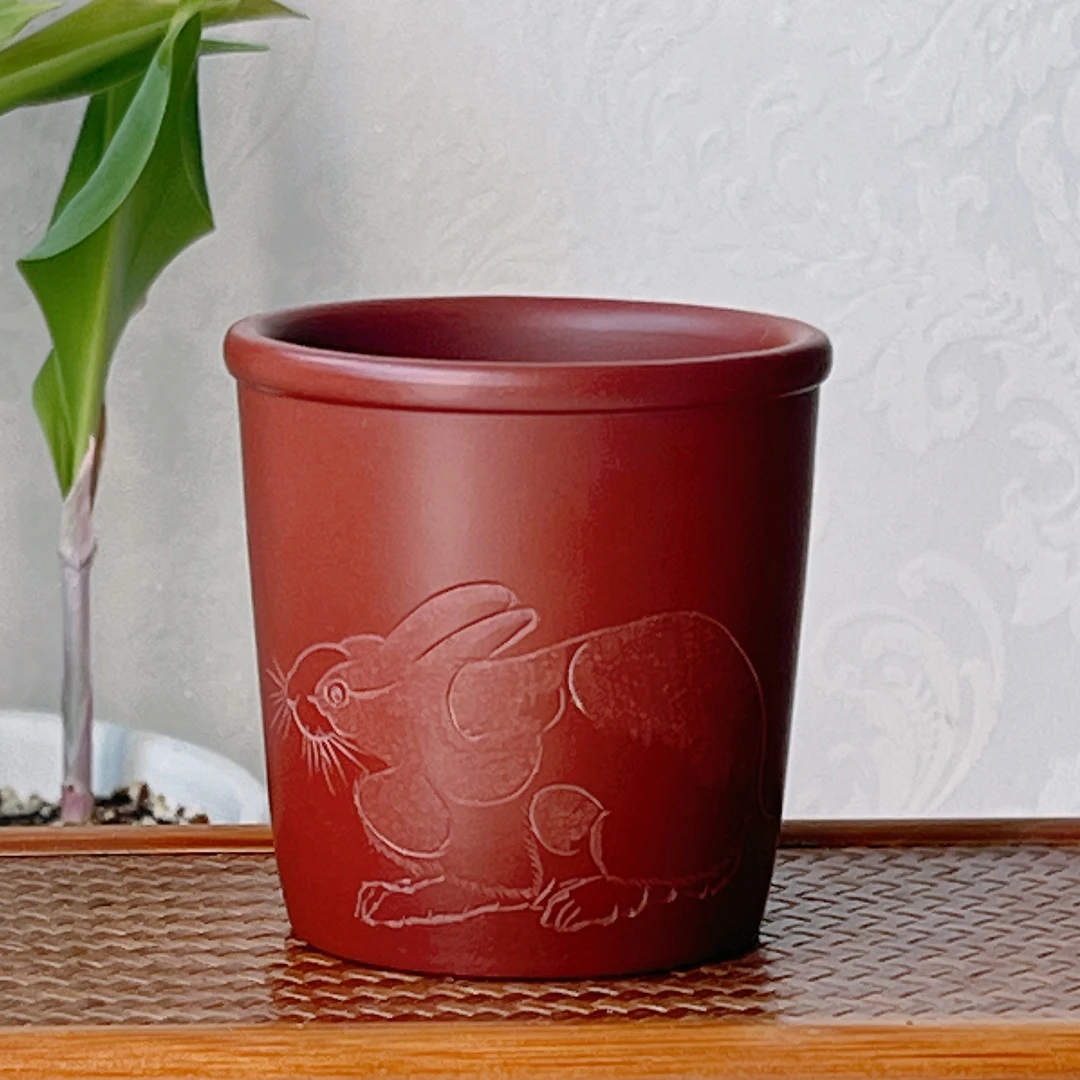 114欢喜兔子宜兴紫砂杯大红袍全手工刻绘主人杯茶具纯手工茶杯