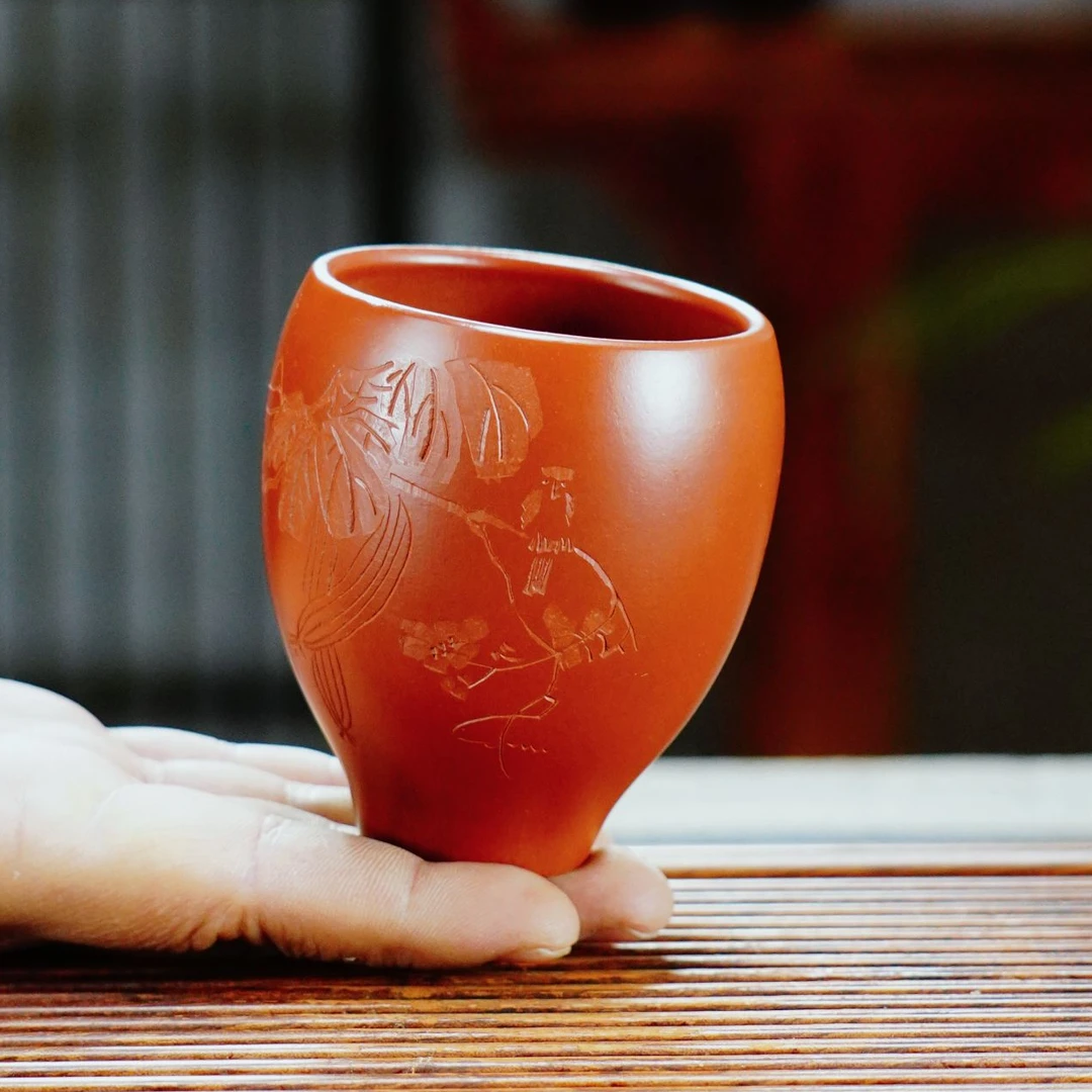 紫砂杯宜兴紫砂朱泥大红袍全手工刻绘花鸟手握主人杯品茗杯纯手工