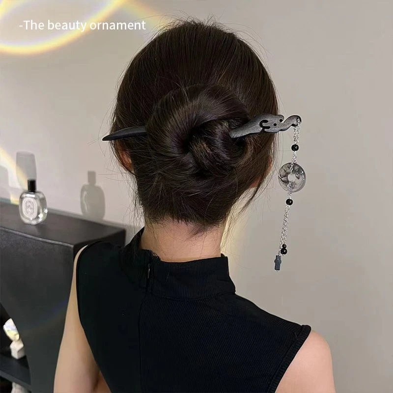 非金属木质发饰 古风书法平安扣流苏发簪女高级盘发木簪汉服旗袍