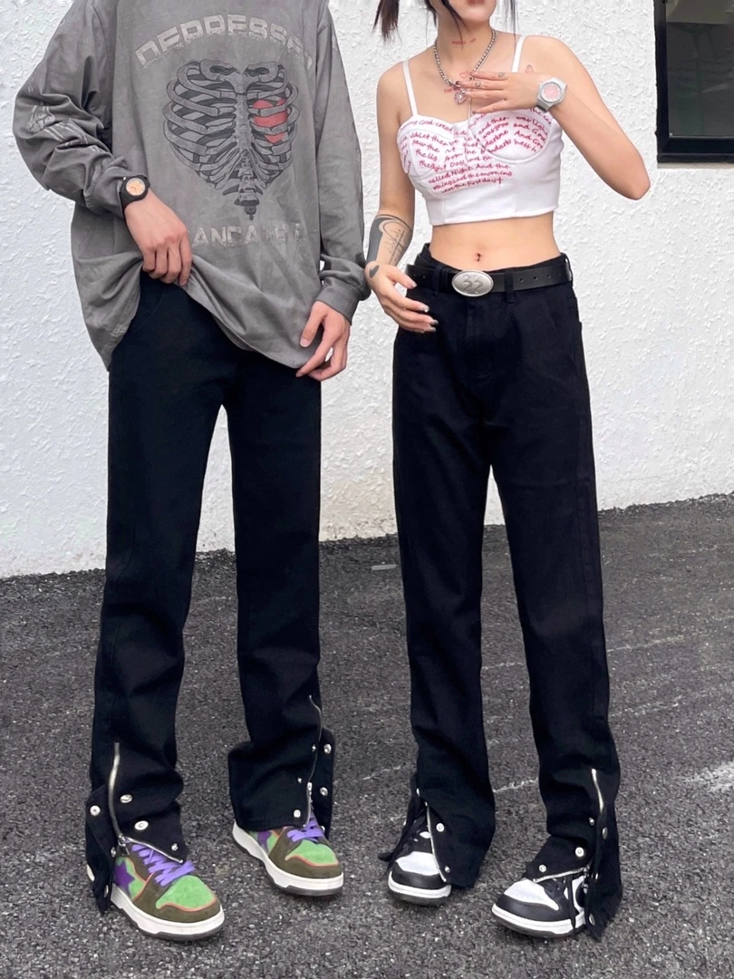 美式vibe风高街排扣开叉牛仔裤男女ins潮牌设计感小众宽松直筒裤