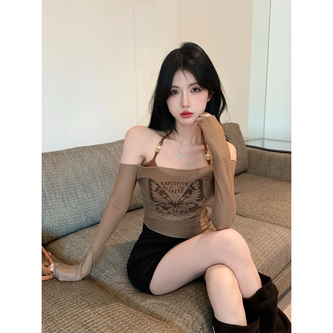 秋季复古蝴蝶印花一字肩网纱长袖+装饰串珠挂脖辣妹T恤两件套女装