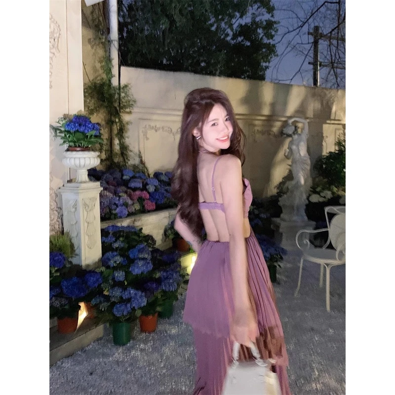 小众法式小个子女露背纯欲夏季甜美气质名媛度假风镂空紫色长裙子