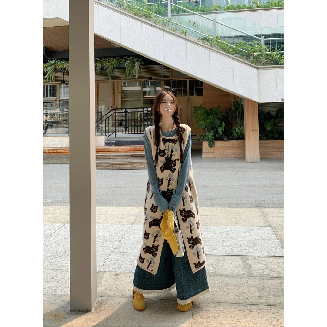 复古度假风猫咪提花针织背心裙不规则打底衫宽松牛仔裤套装女秋季