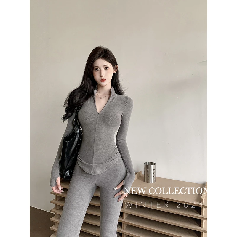秋冬韩版纯色设计修身加绒显瘦打底上衣高腰显瘦百搭长裤两件套女