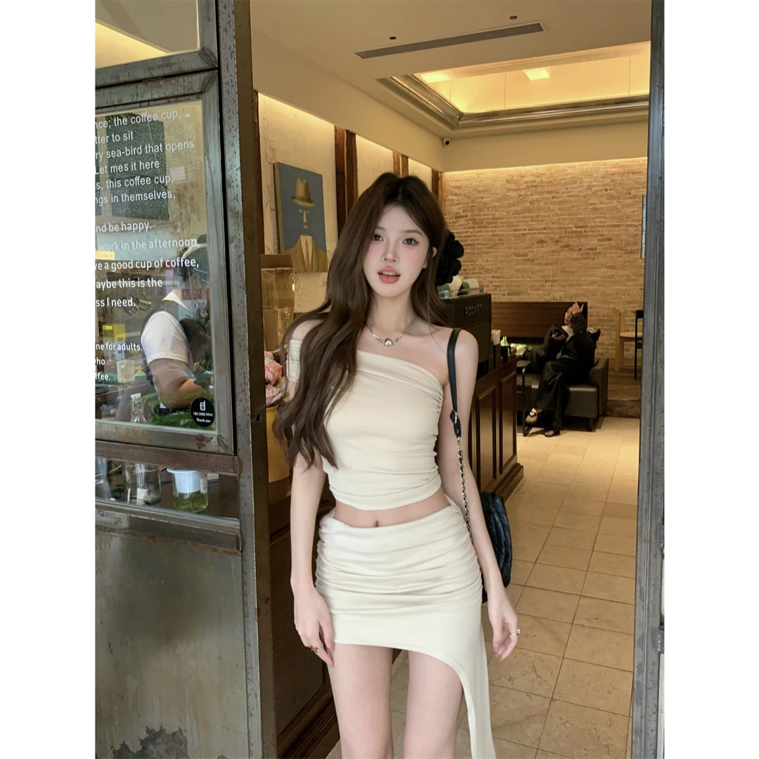 美式废土风一字肩显瘦短袖短款高腰显瘦不规则半身裙穿搭夏季女