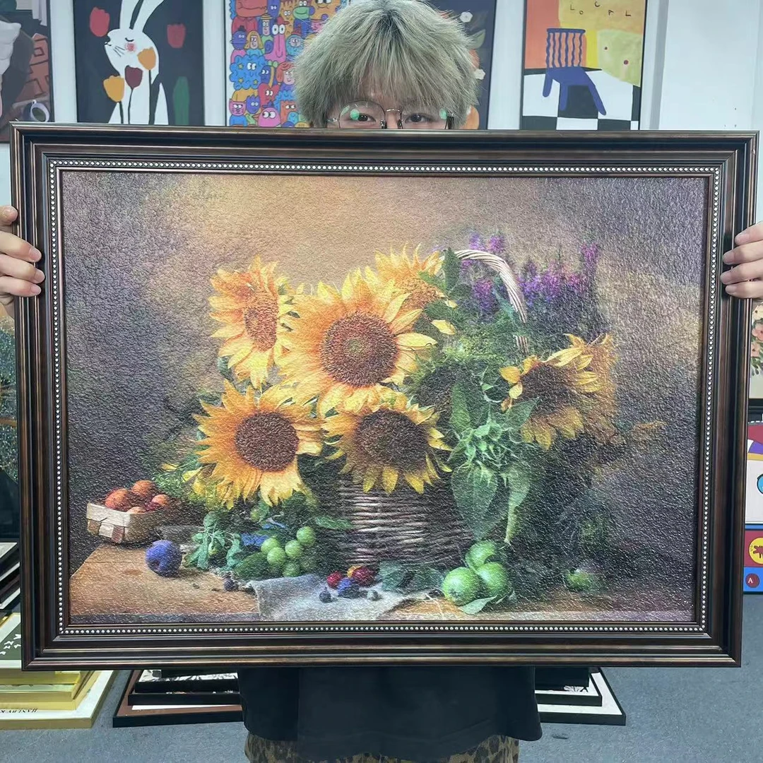 网红美式餐厅装饰画饭餐桌画向日葵花卉画新中式挂厅画卧面室6080