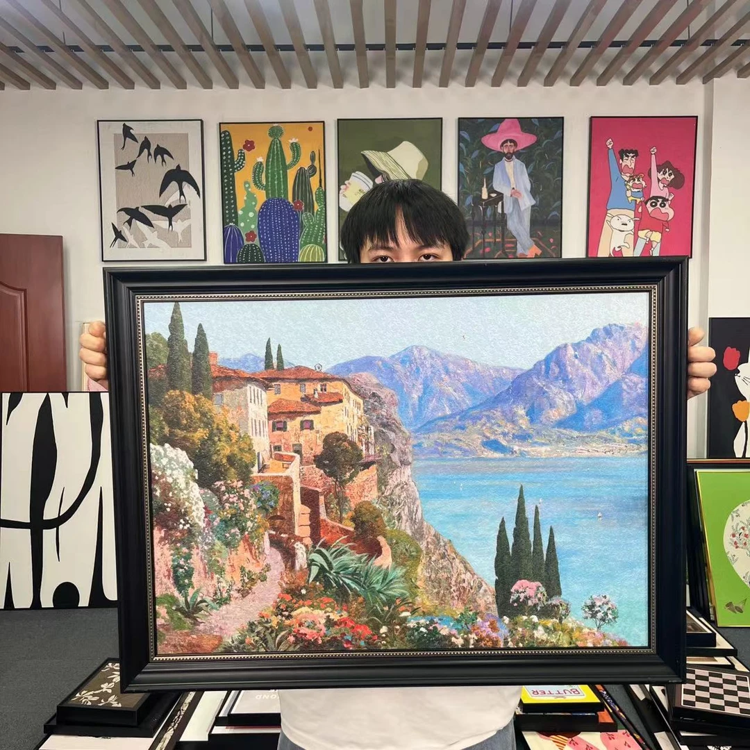 砂岩欧框城堡山水装饰画复古文艺高级感玄关卧室壁画装饰画6080